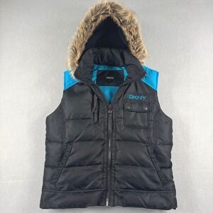 Vintage Y2K DKNY Puffer Vest Black Blue Down Fill Faux Fur Hood M